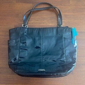 Coach ladies black patent leather tote. Green lining. F24893.